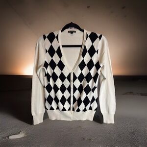Brooks Brothers Argyle Cardigan Black Cream Button Front Sweater Size S
